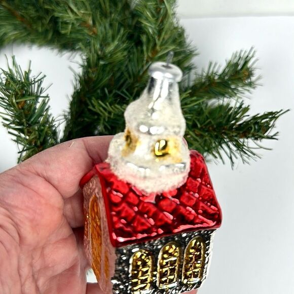 Vintage West Germany Blown Mercury Glass House Church Village Christmas Ornament - Picture 3 of 10